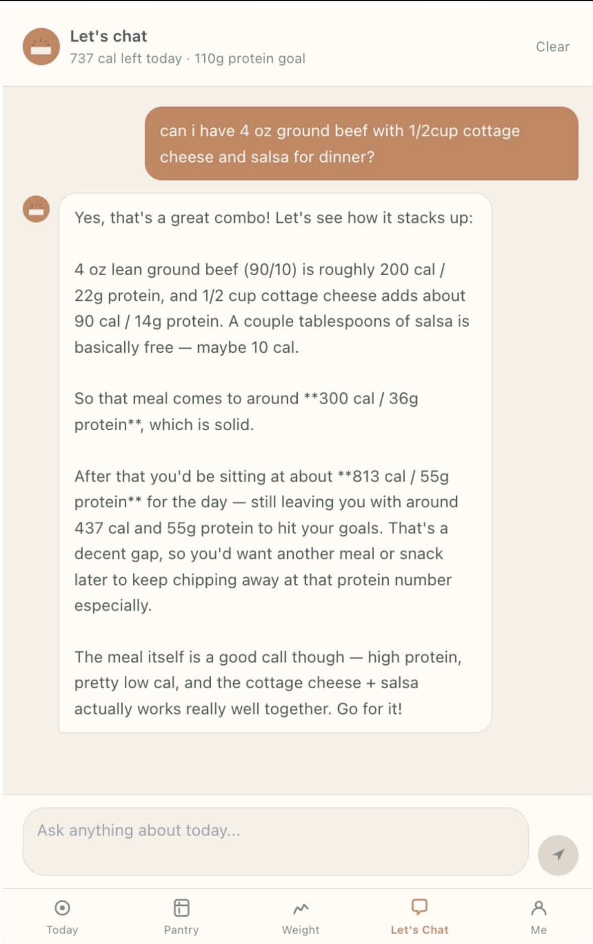 GlowBack chat screen showing a conversation about a meal